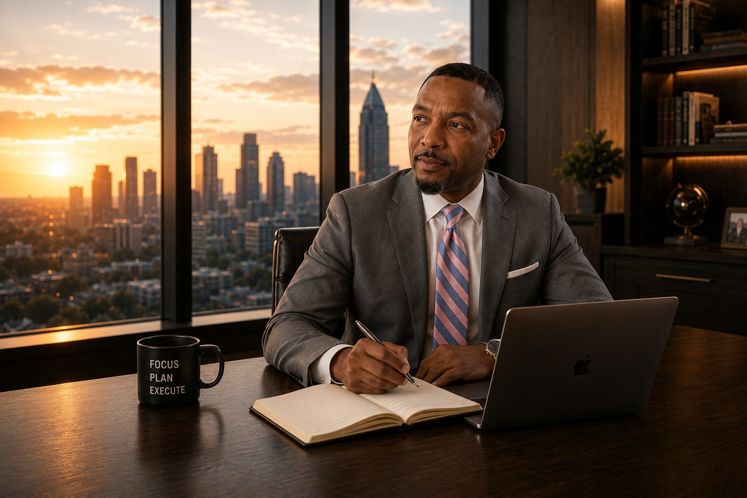 Executive at work over the Atlanta skyline at dusk